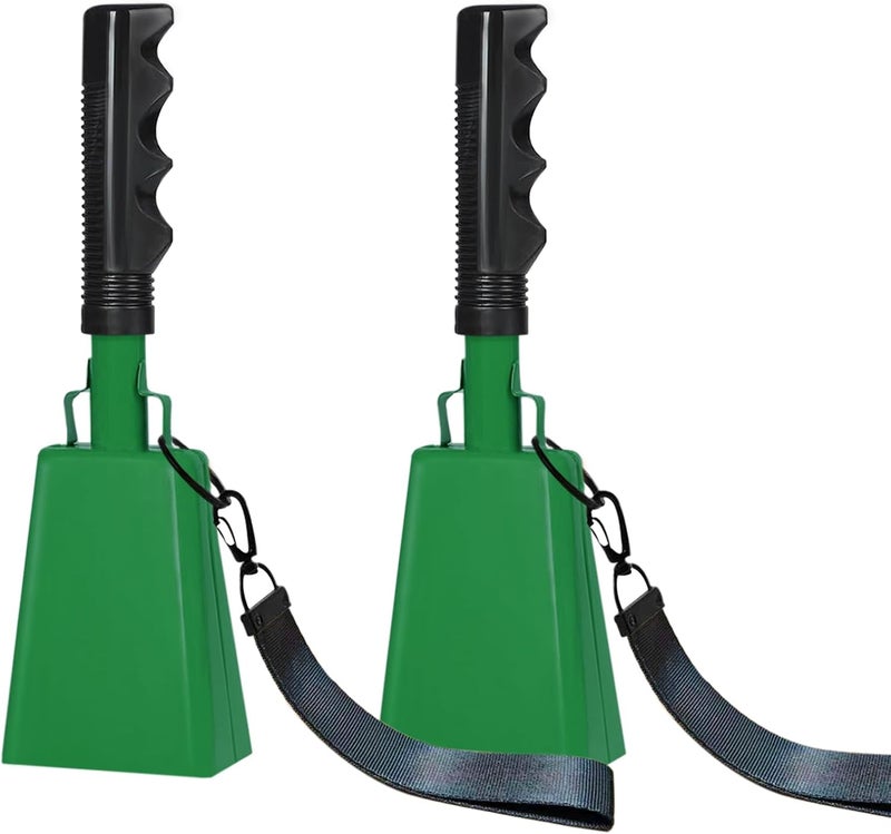 HEYLEAYAR 10Inch Cowbells with Handle for Sporting Events, 2Pcs Large Cow Bells with Wrist Straps, Loud Noise Makers for Cheering Football Games Spirit Marathon Weddings Party Noisemakers, Green - Image 1